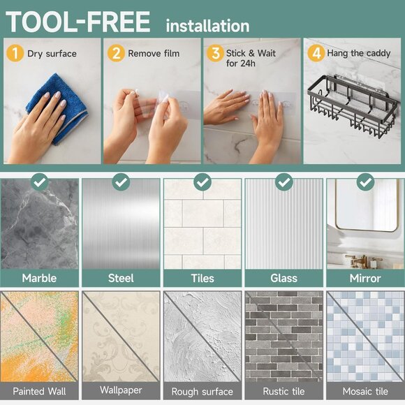 Veken Shower Caddy 6-Pack. Adhesive, Large Capacity Bathroom and More - Picture 7 of 10